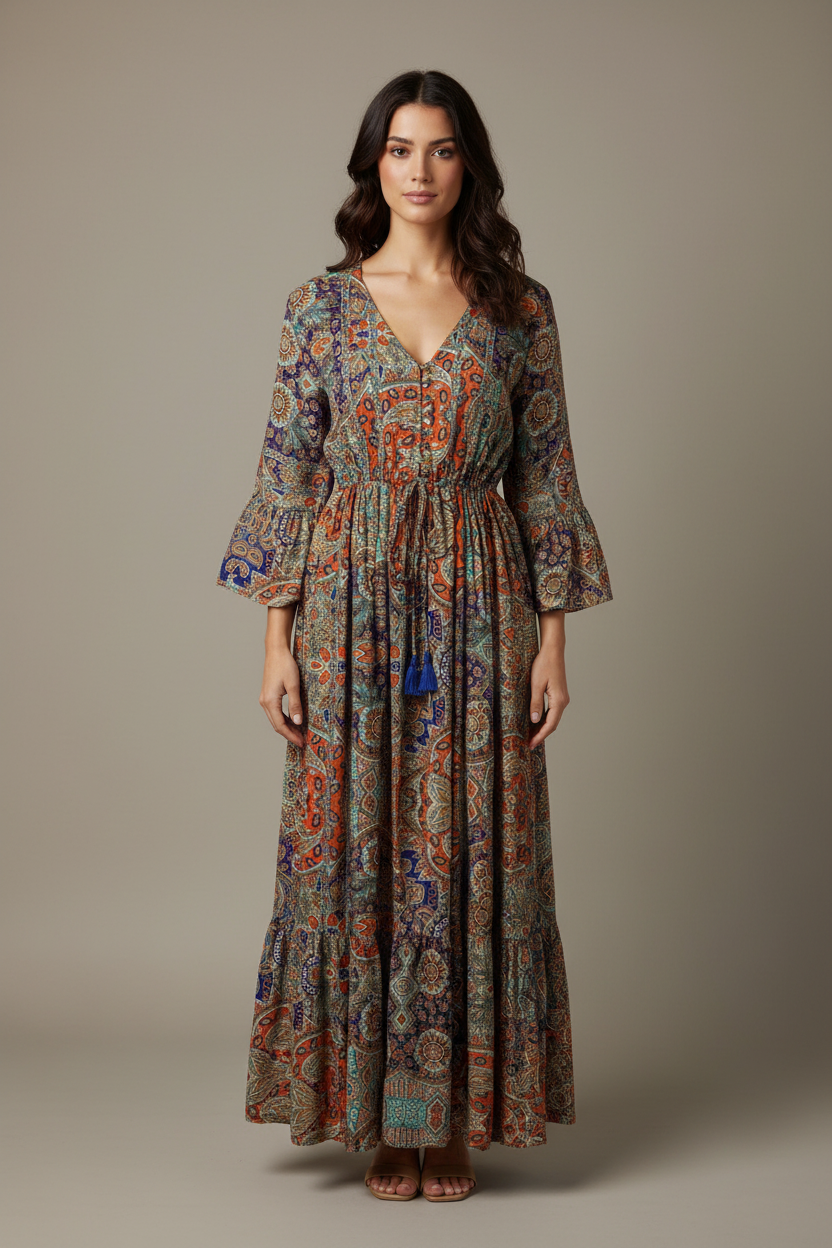 Boho Maxi Kleid Multicolor Patchwork Paisley – Studio Hauptbild