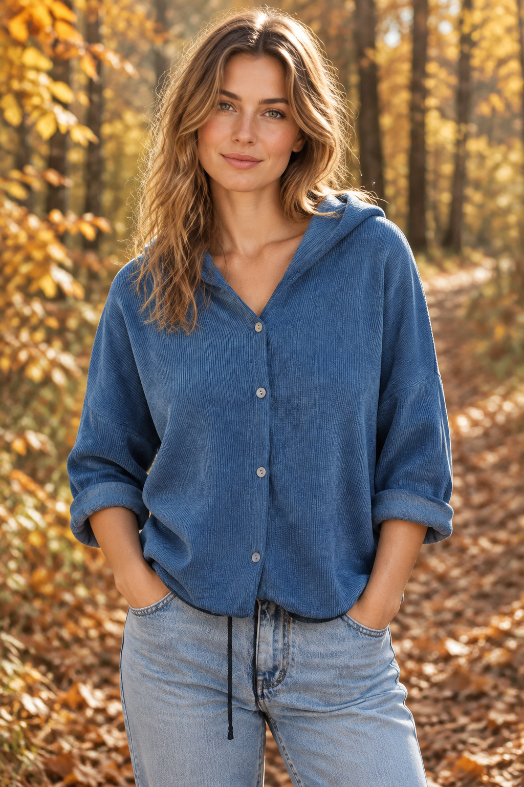 Blauer Cord-Hoodie auf herbstlichem Waldweg