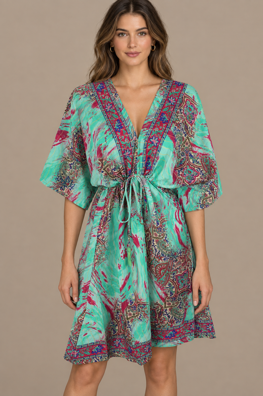 Boho Tunika Mintgrün, Pink und Taupe – Studio Vorderansicht