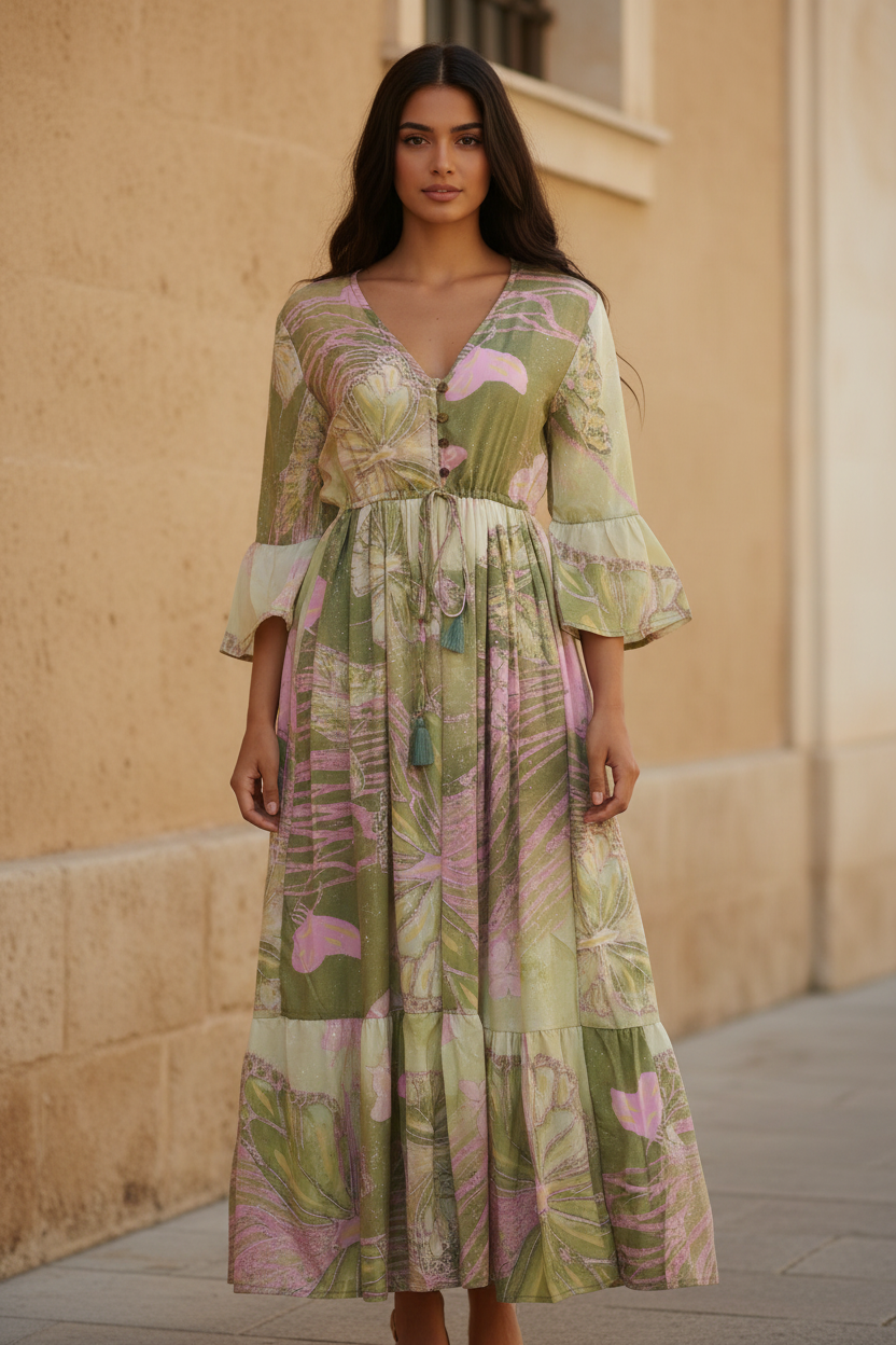 Boho Maxi Kleid Olive Pink Schmetterling – Steinwand