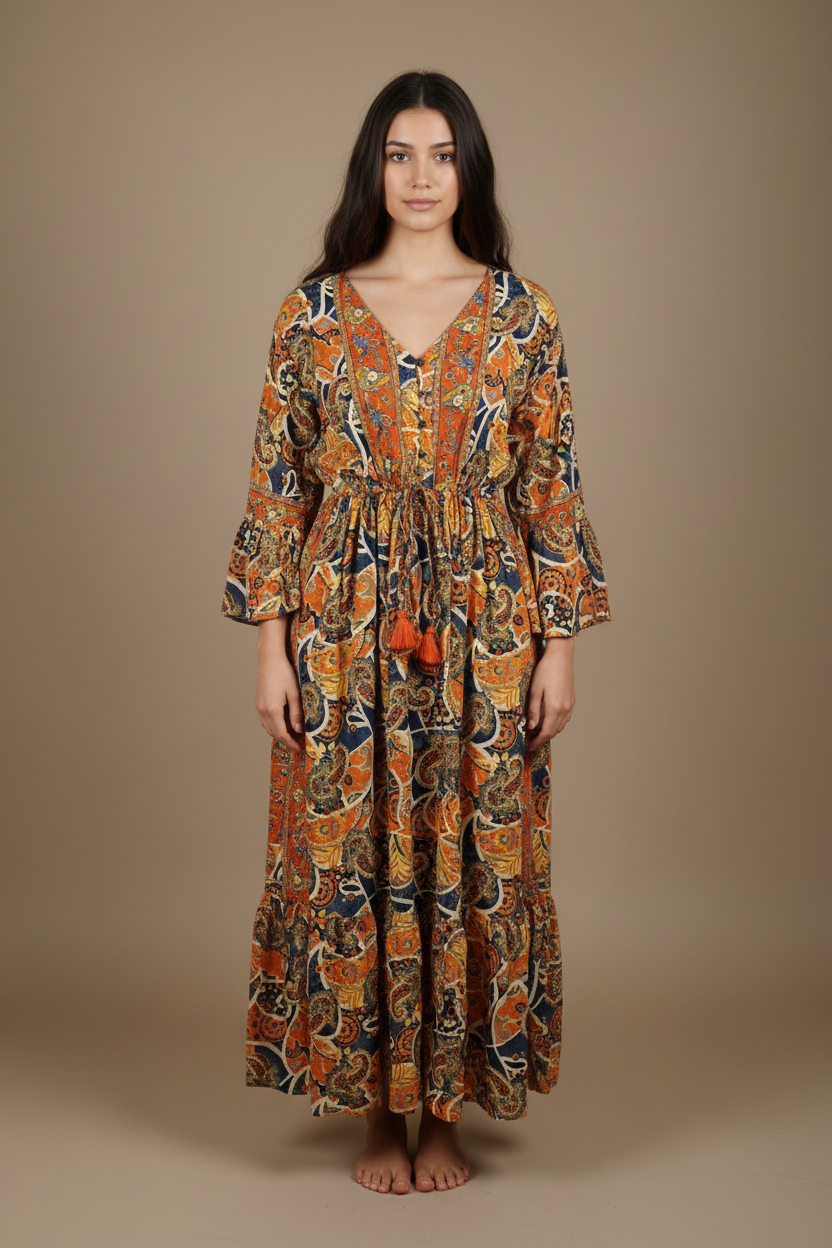 Boho Maxi Kleid Orange Navy Paisley – Studio Hauptbild
