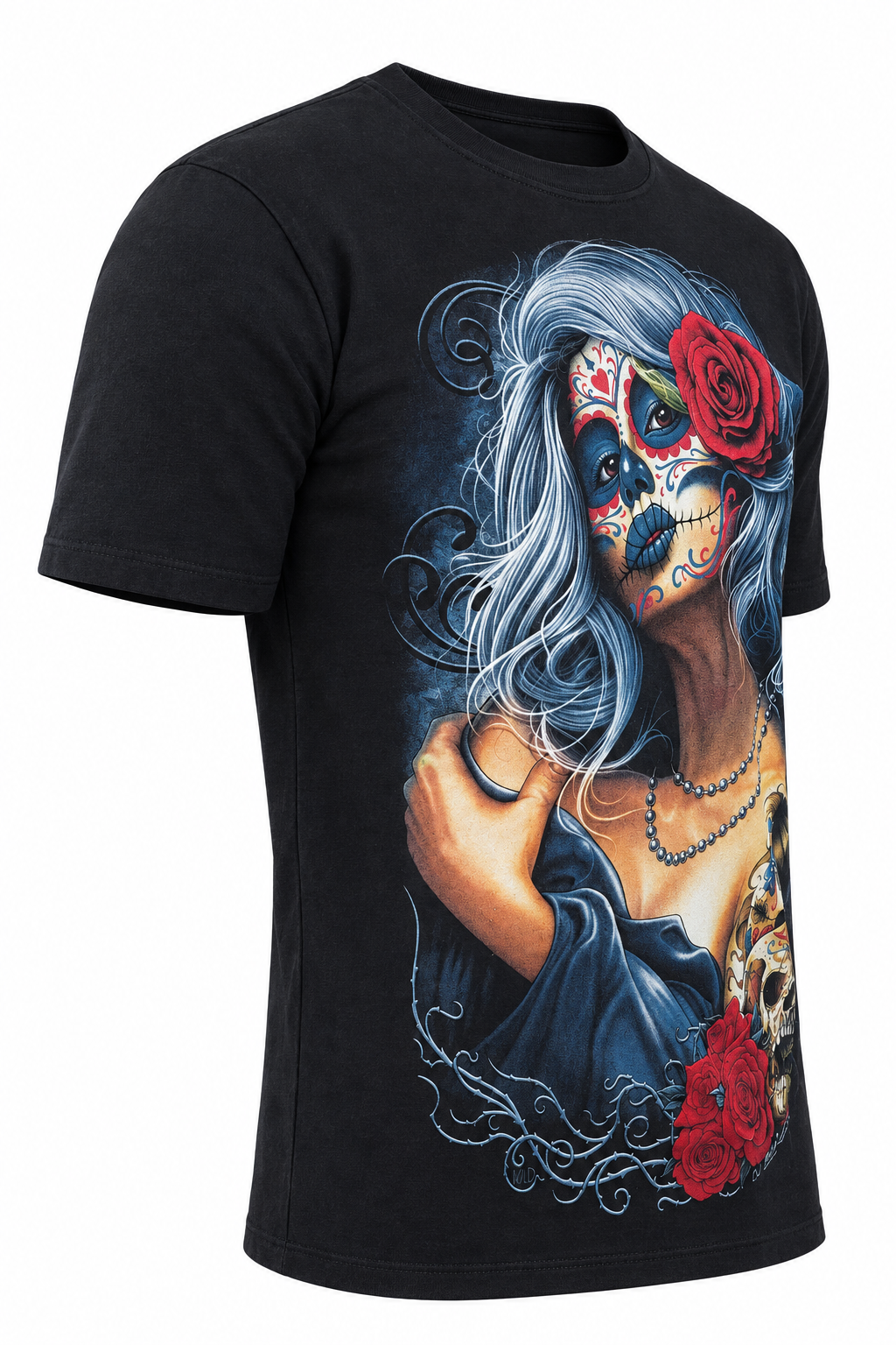 Sugar Skull Rose Tattoo Style T-Shirt in der Seitenansicht auf digitalem Shop-Weiß