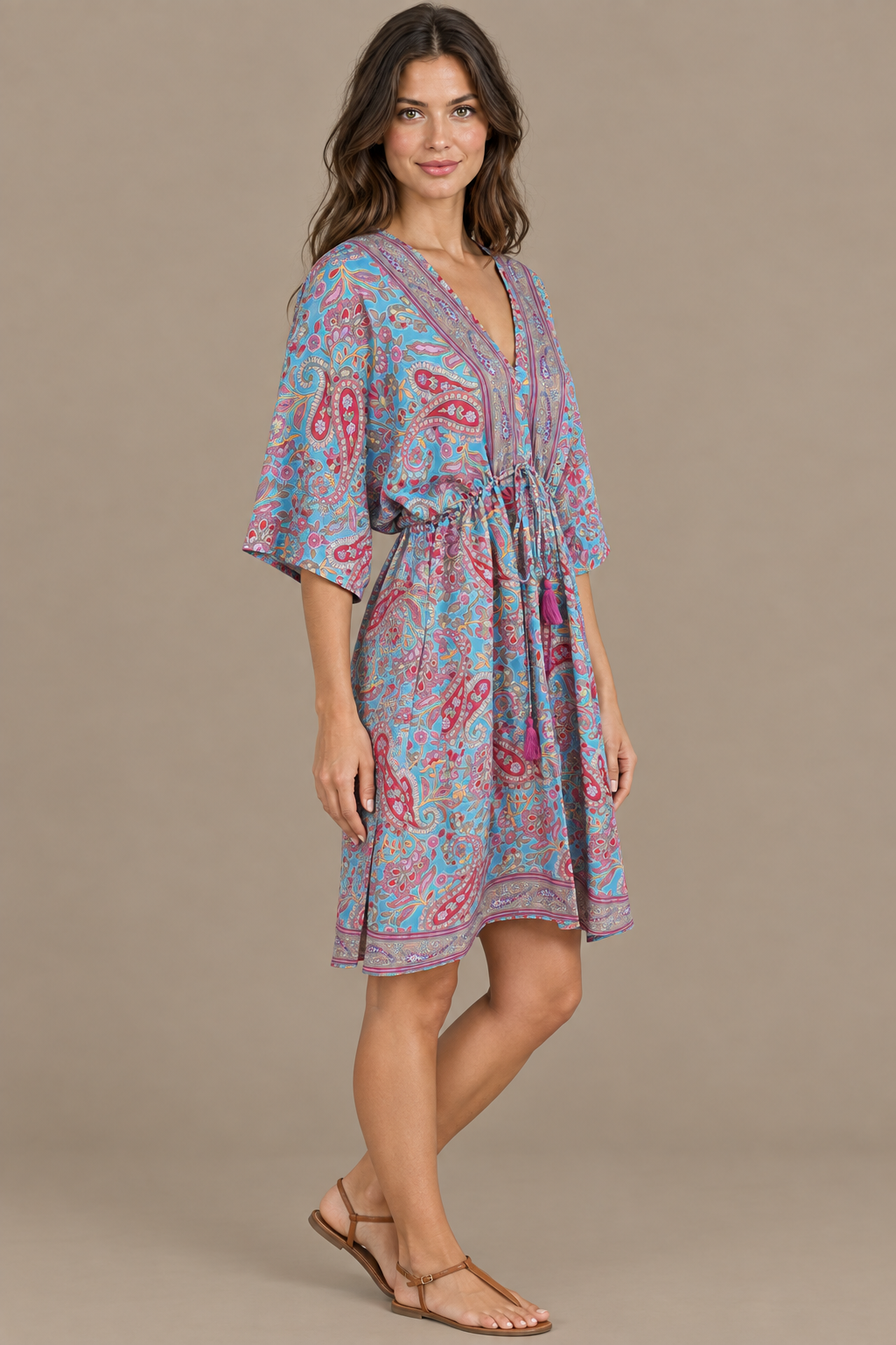 Boho Tunika in Aqua und Pink – Seitenansicht