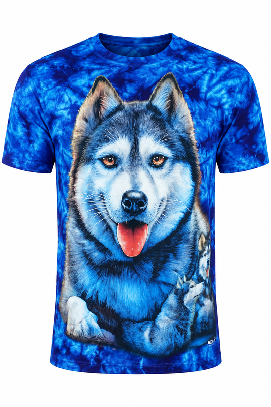 Blaues Husky Family Tie-Dye T-Shirt mit großem realistischem Hundemotiv