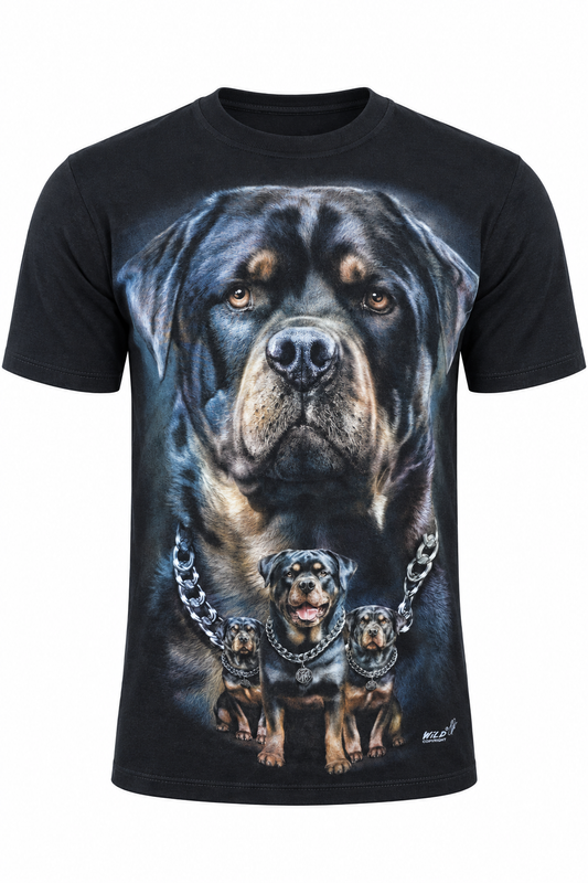 Schwarzes Rottweiler Pack T-Shirt mit großem Hundeporträt und drei Rottweilern