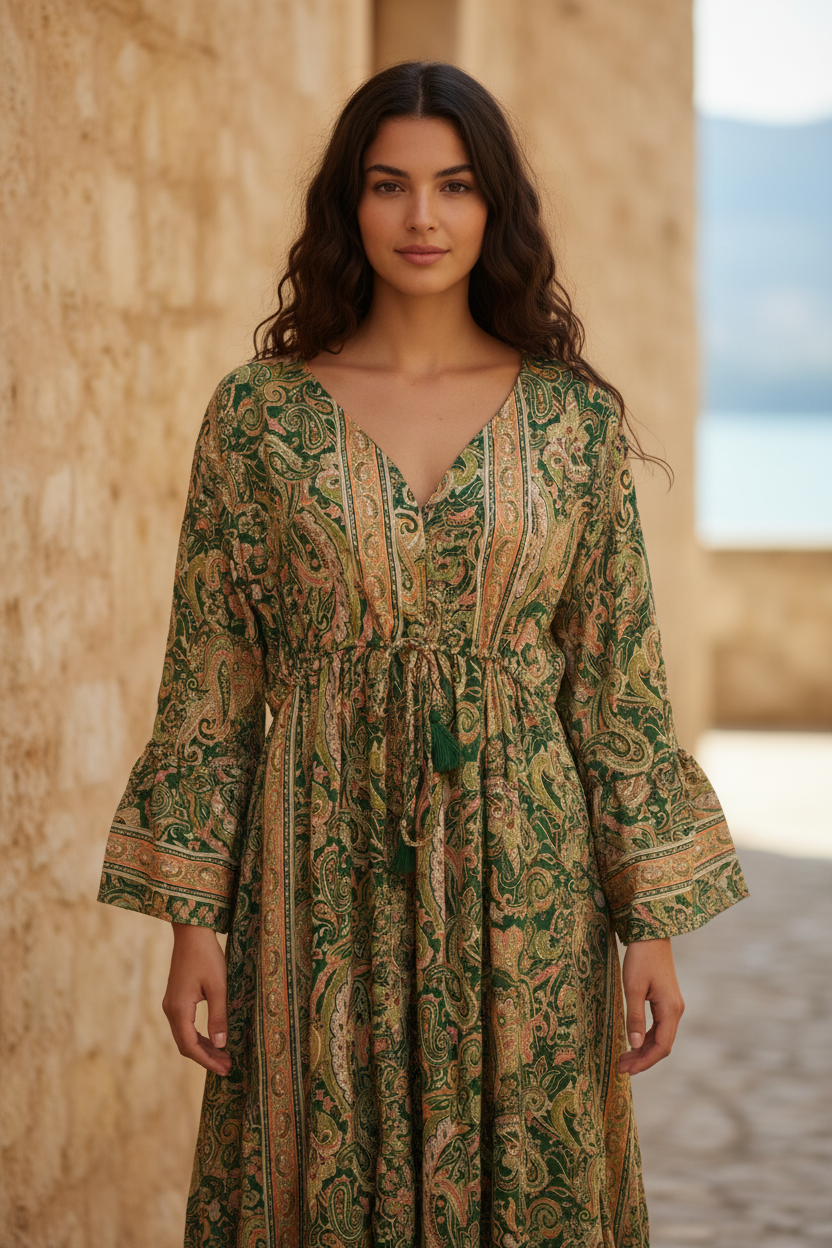 Boho Maxi Kleid Waldgrün Gold Baroque Paisley – Steinwand