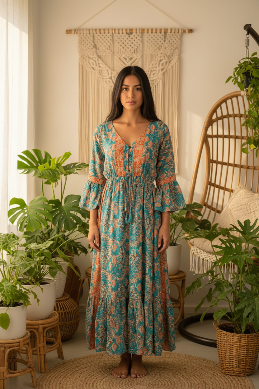 Boho Maxi Kleid Türkis Orange Blockprint – Boho Stehend