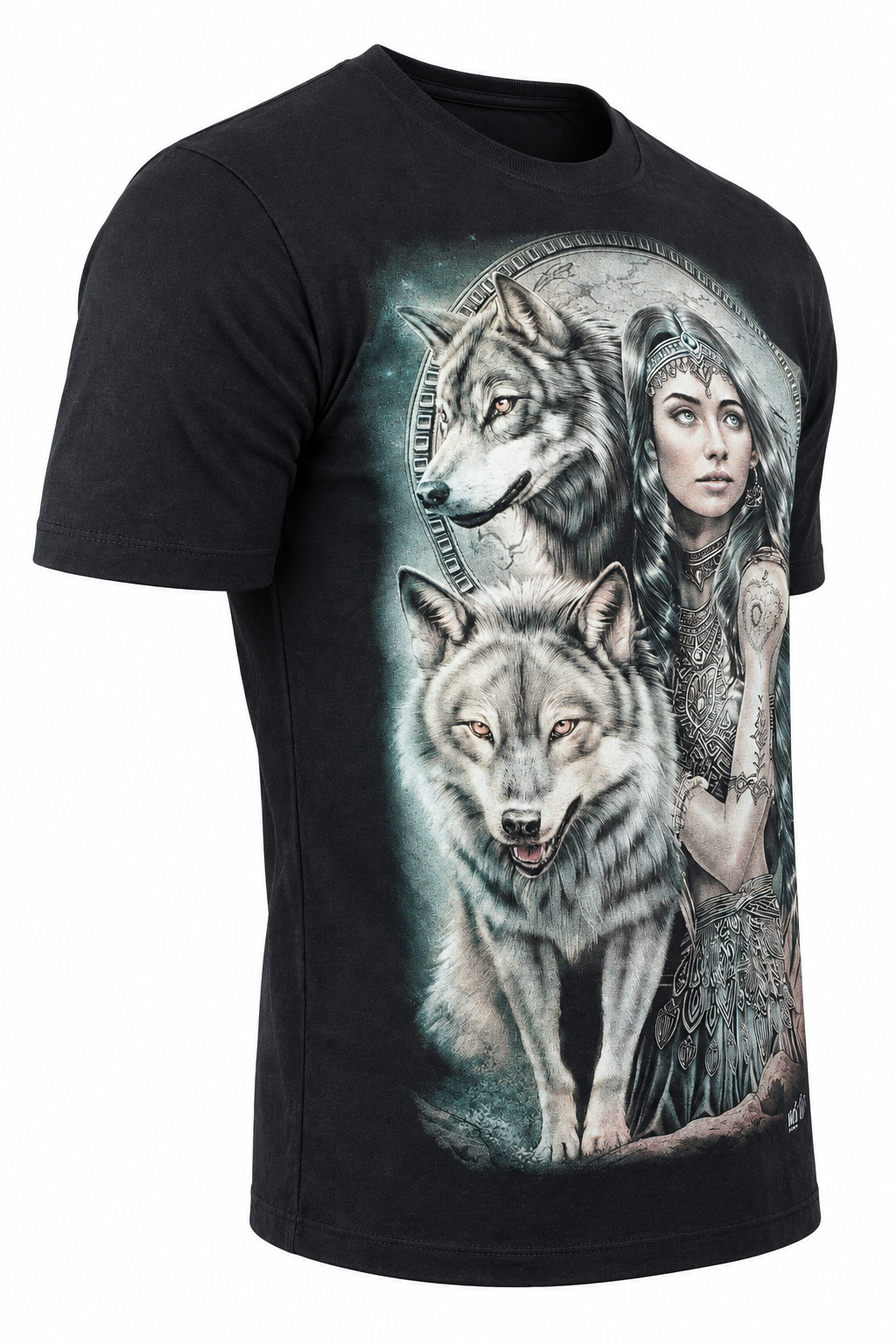 Moon Wolf Guardian T-Shirt in der Seitenansicht auf digitalem Shop-Weiß