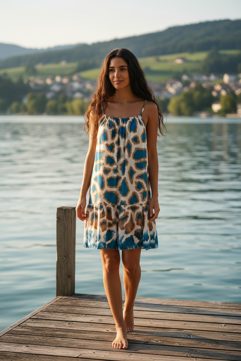 Sommerkleid Animal Print Creme Türkis Bodensee