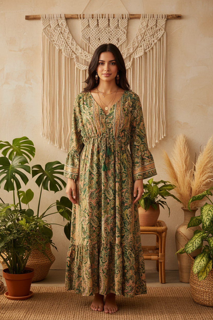Boho Maxi Kleid Waldgrün Gold Baroque Paisley – Boho Stehend