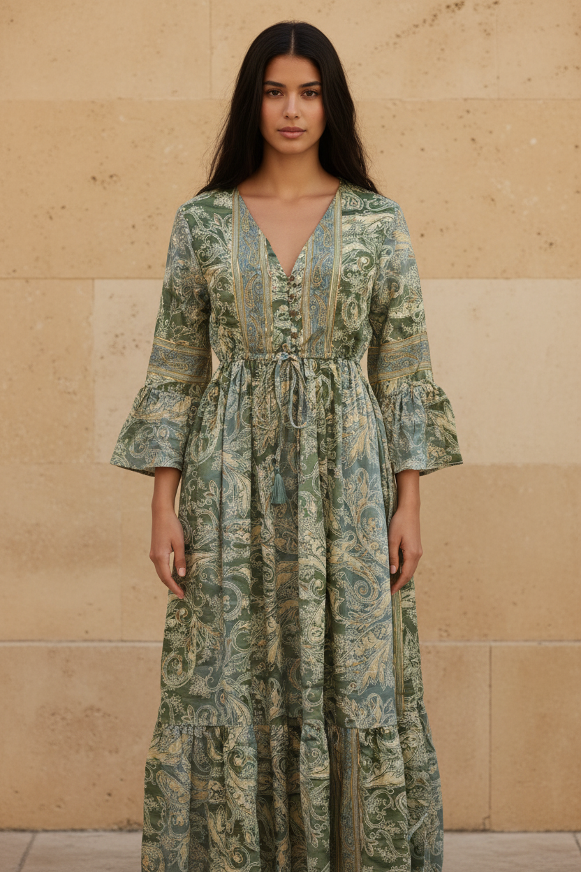 Boho Maxi Kleid Salbeigrün Creme Baroque Paisley – Steinwand