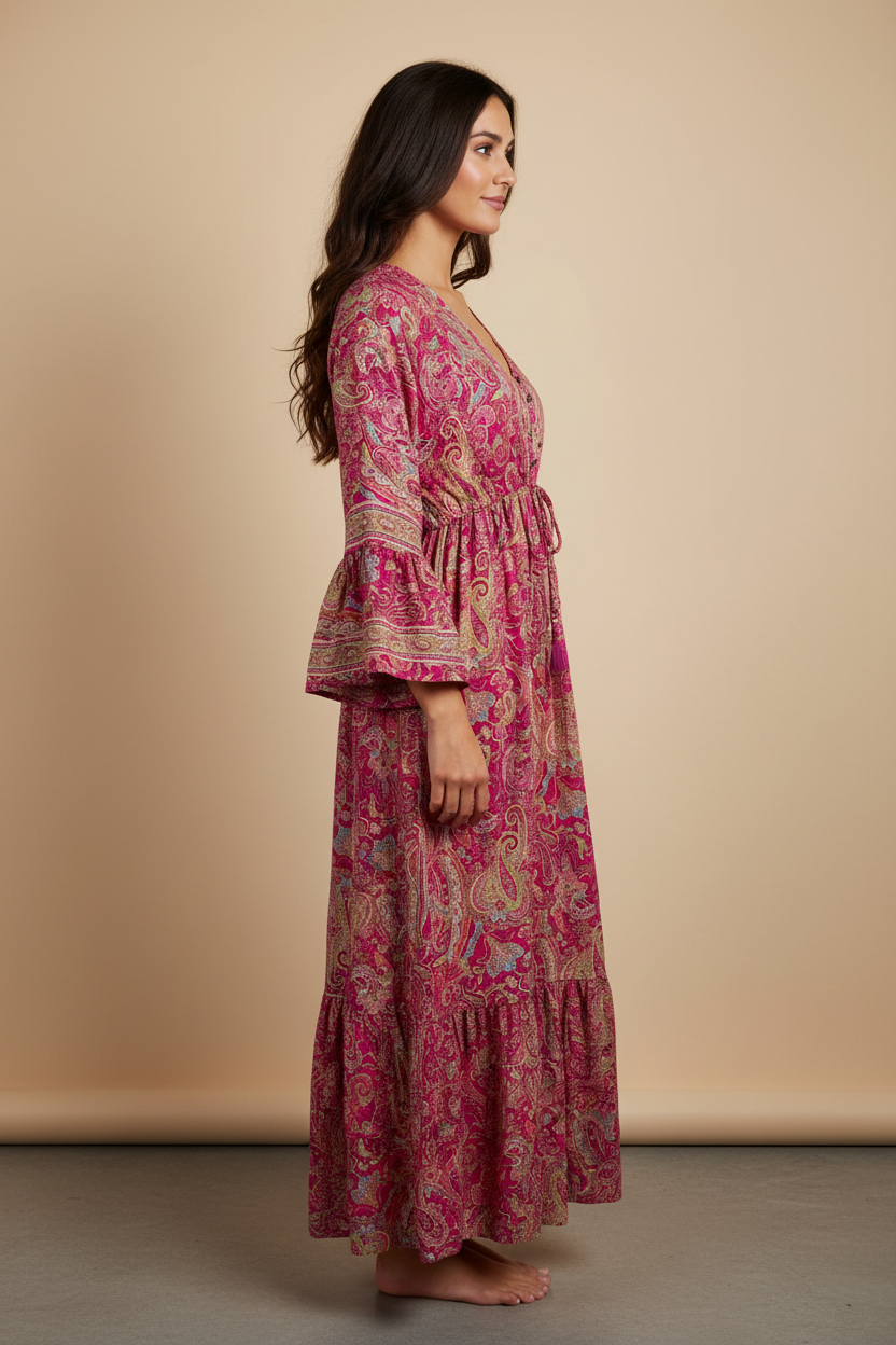 Boho Maxi Kleid Pink Paisley – Studio Seitenansicht