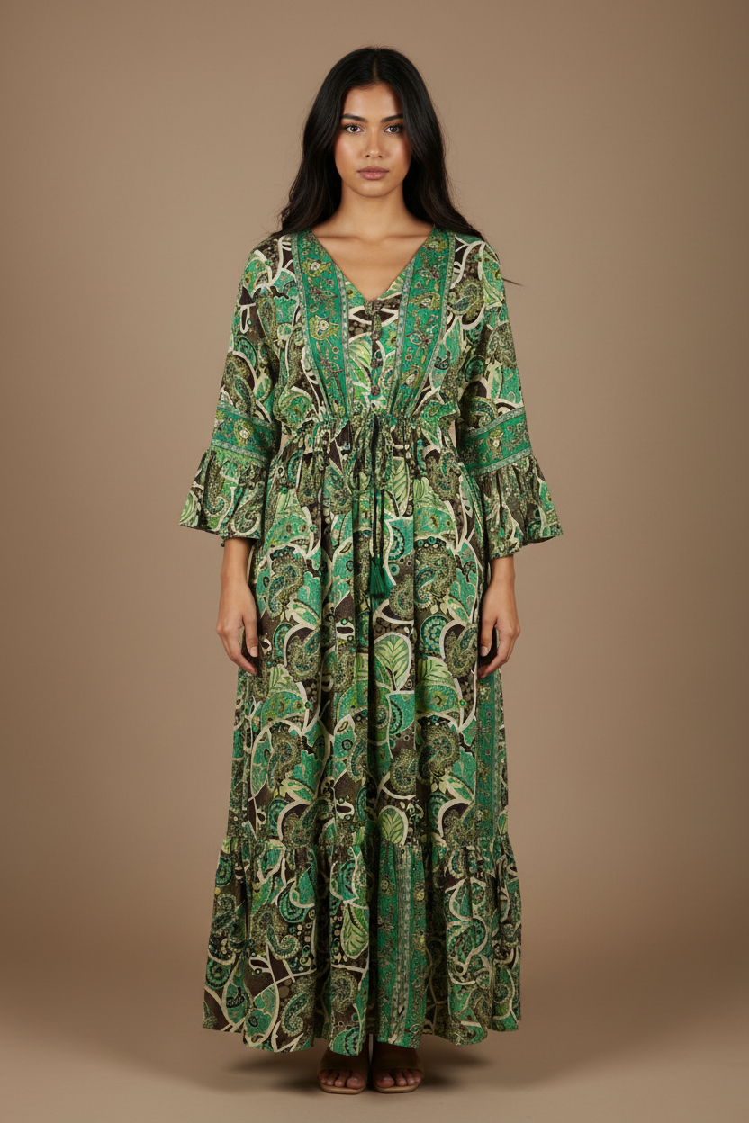 Boho Maxi Kleid Grün Türkis Paisley – Studio Hauptbild