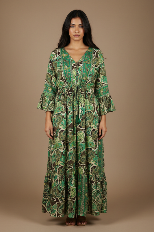 Boho Maxi Kleid Grün Türkis Paisley – Studio Hauptbild