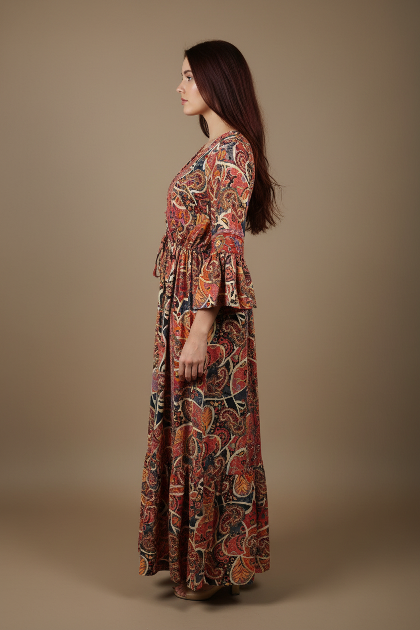 Boho Maxi Kleid Altrosa Dunkelblau Paisley – Seitenansicht