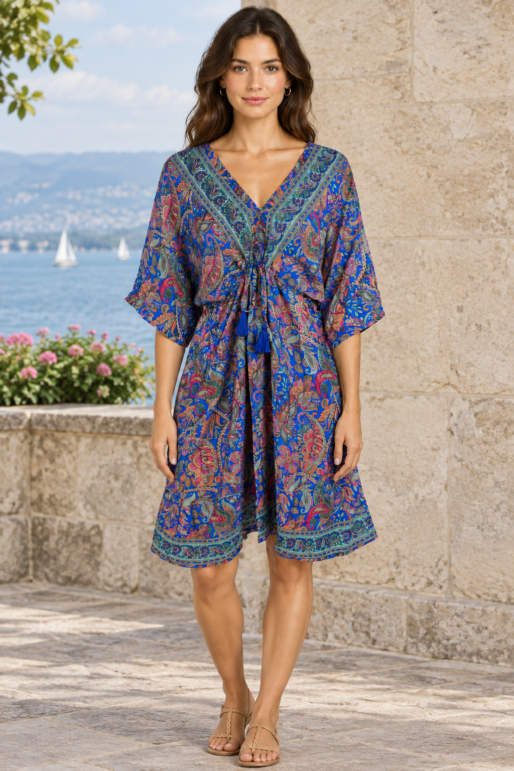 Boho Tunika Multicolor vor heller Steinwand
