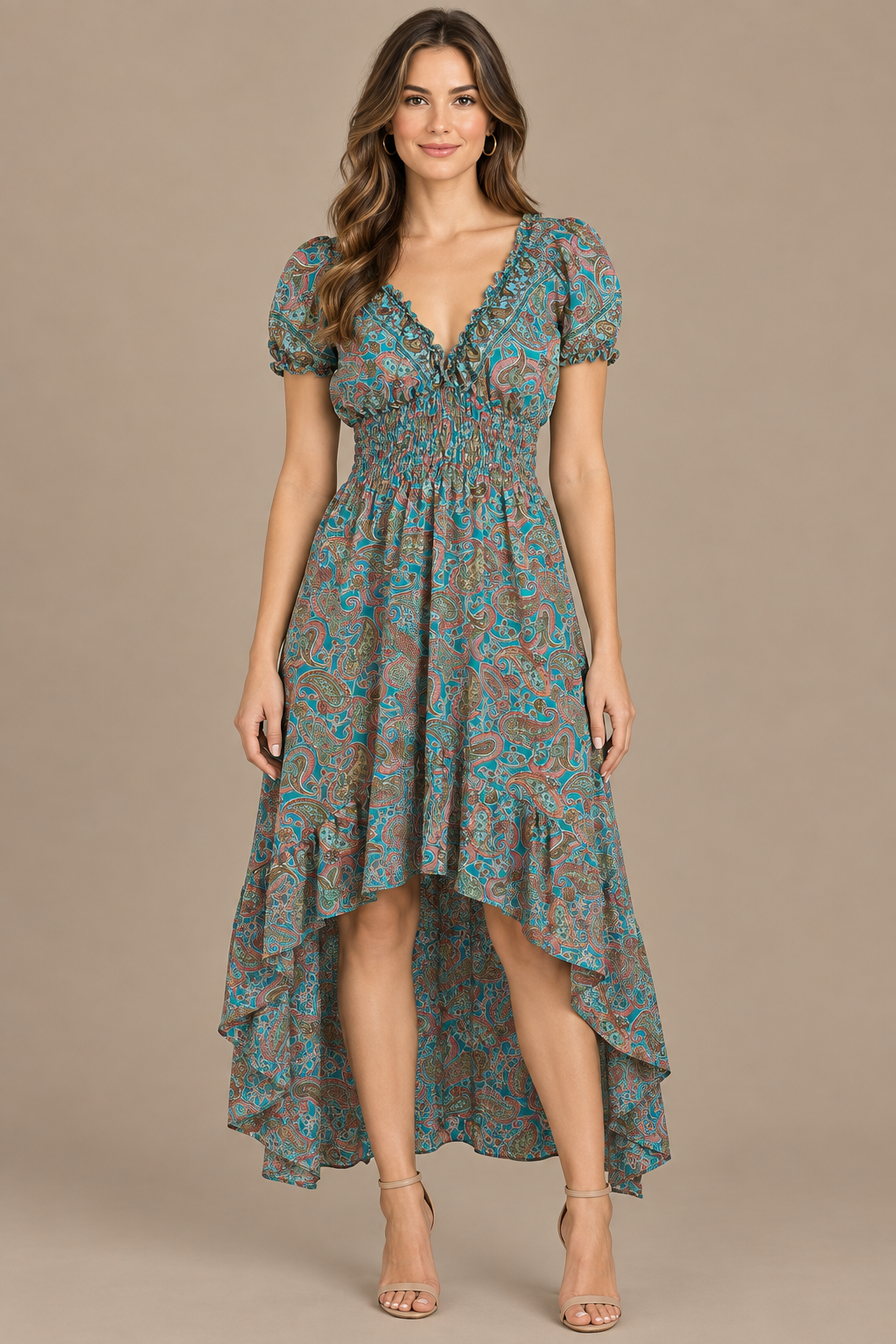 Boho Kleid – Paisley-Mix in Türkis & Taupe – V-Ausschnitt & Rüschen