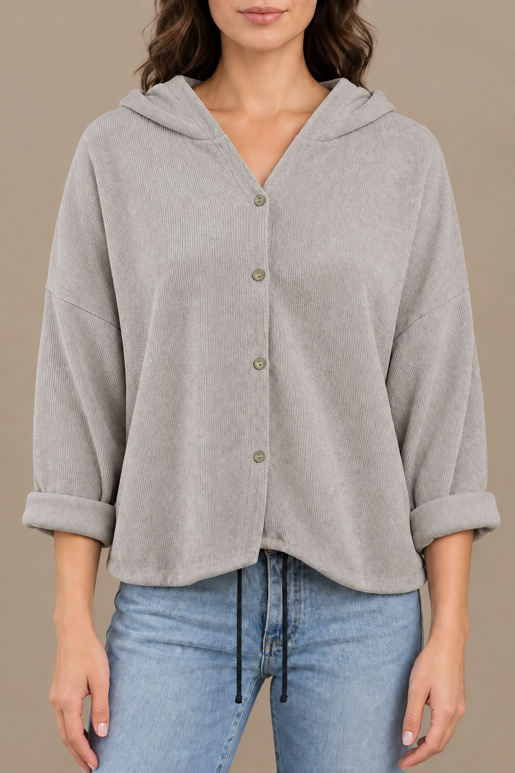 Cord-Hoodie mit Knopfleiste – Greige