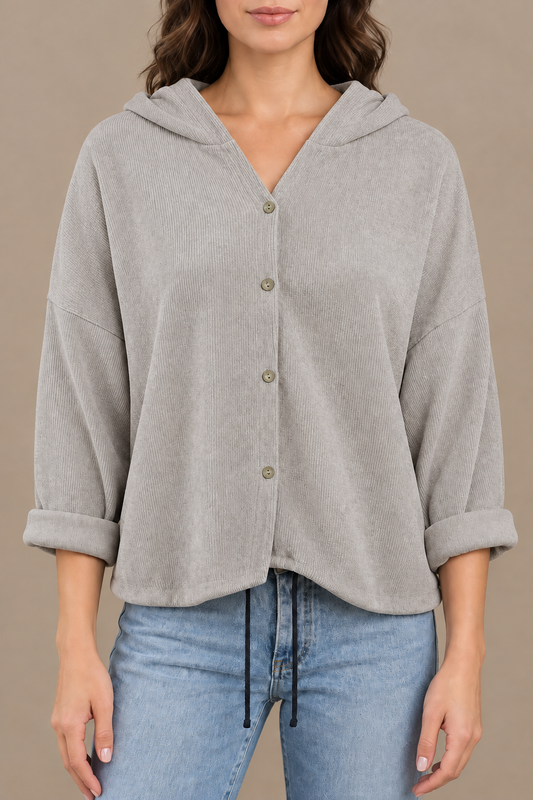Cord-Hoodie mit Knopfleiste – Greige